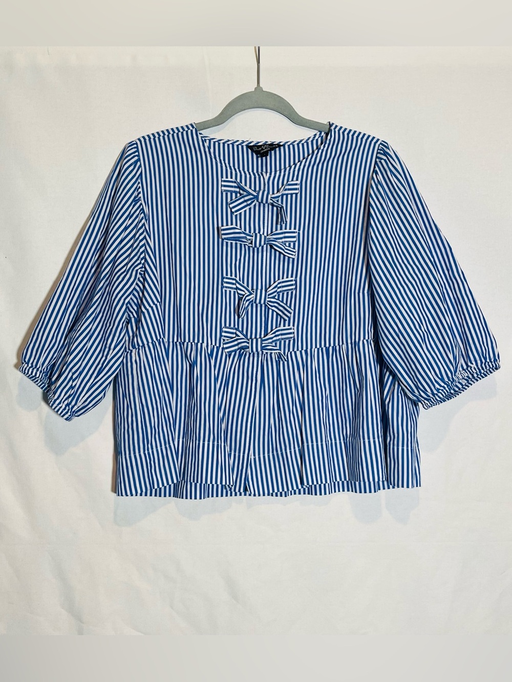 Velvet Heart Blue & White Striped Peplum Bow-Front Blouse